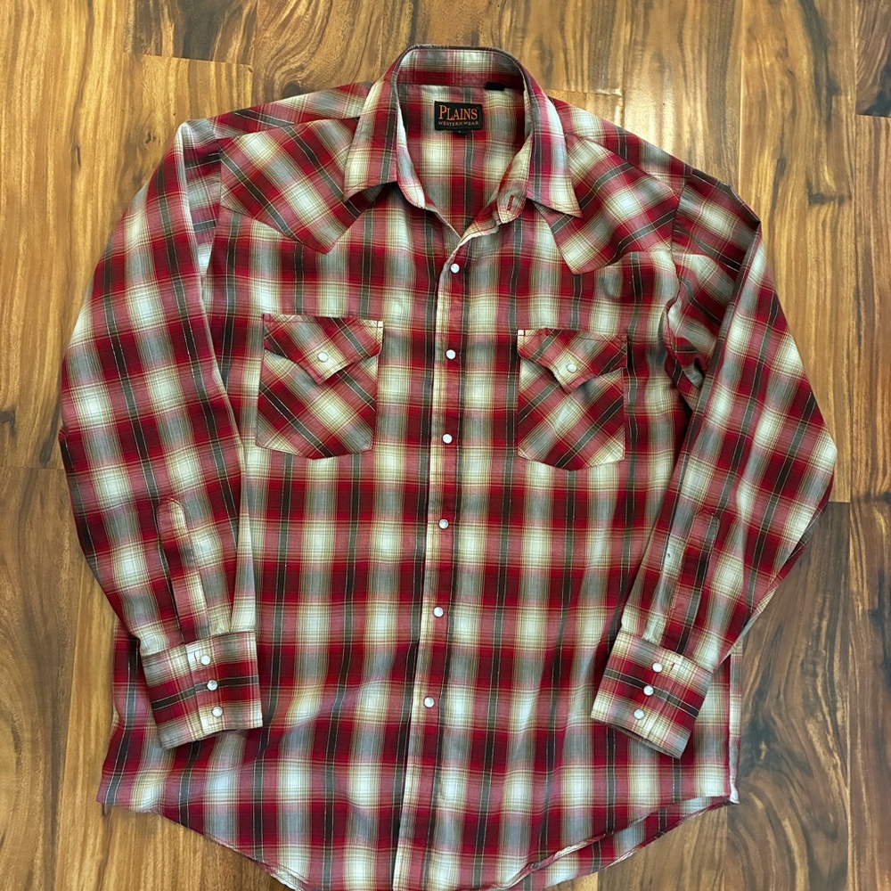 Plains Western Wear Men's Pearl Snap Shirt Red Plaid Long Sleeve Size‎ Large